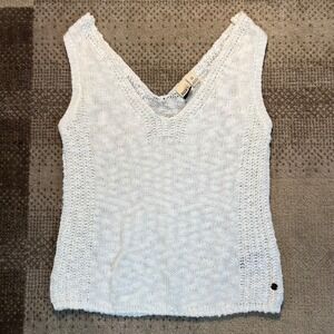 Roxy Womens White V-Neck Sleeveless Open Knit Sweater Tank Top Size Small Y2K